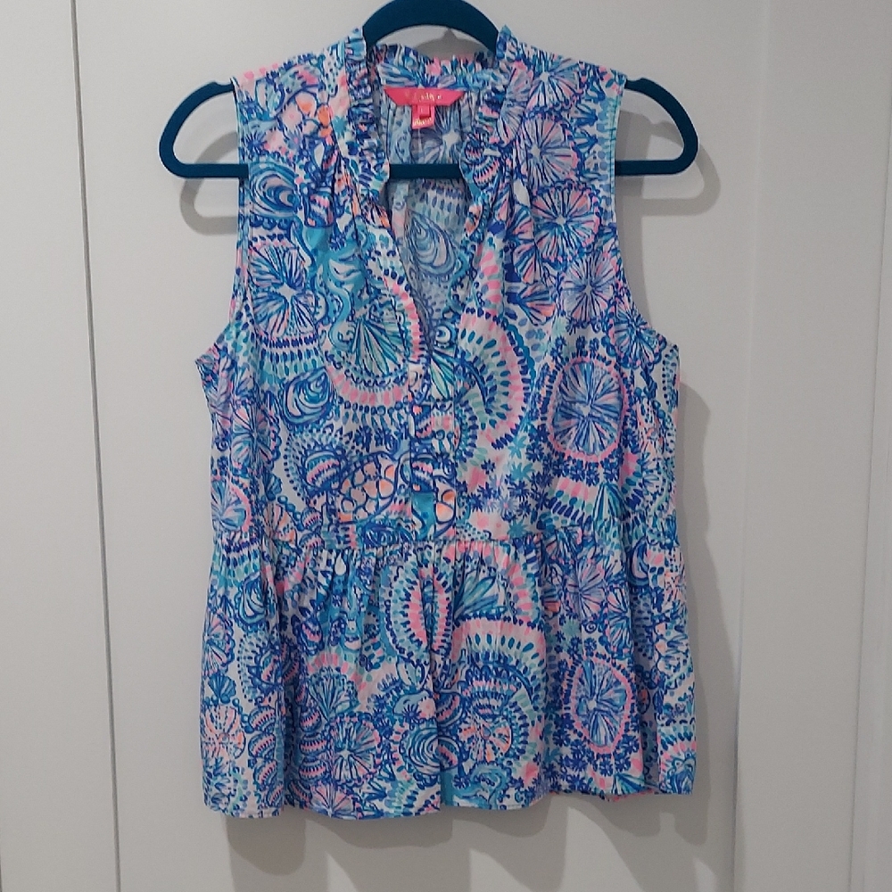 Lilly Pulitzer Blue Grotto Commotion In The Ocean Blue and Pink Pat Blouse